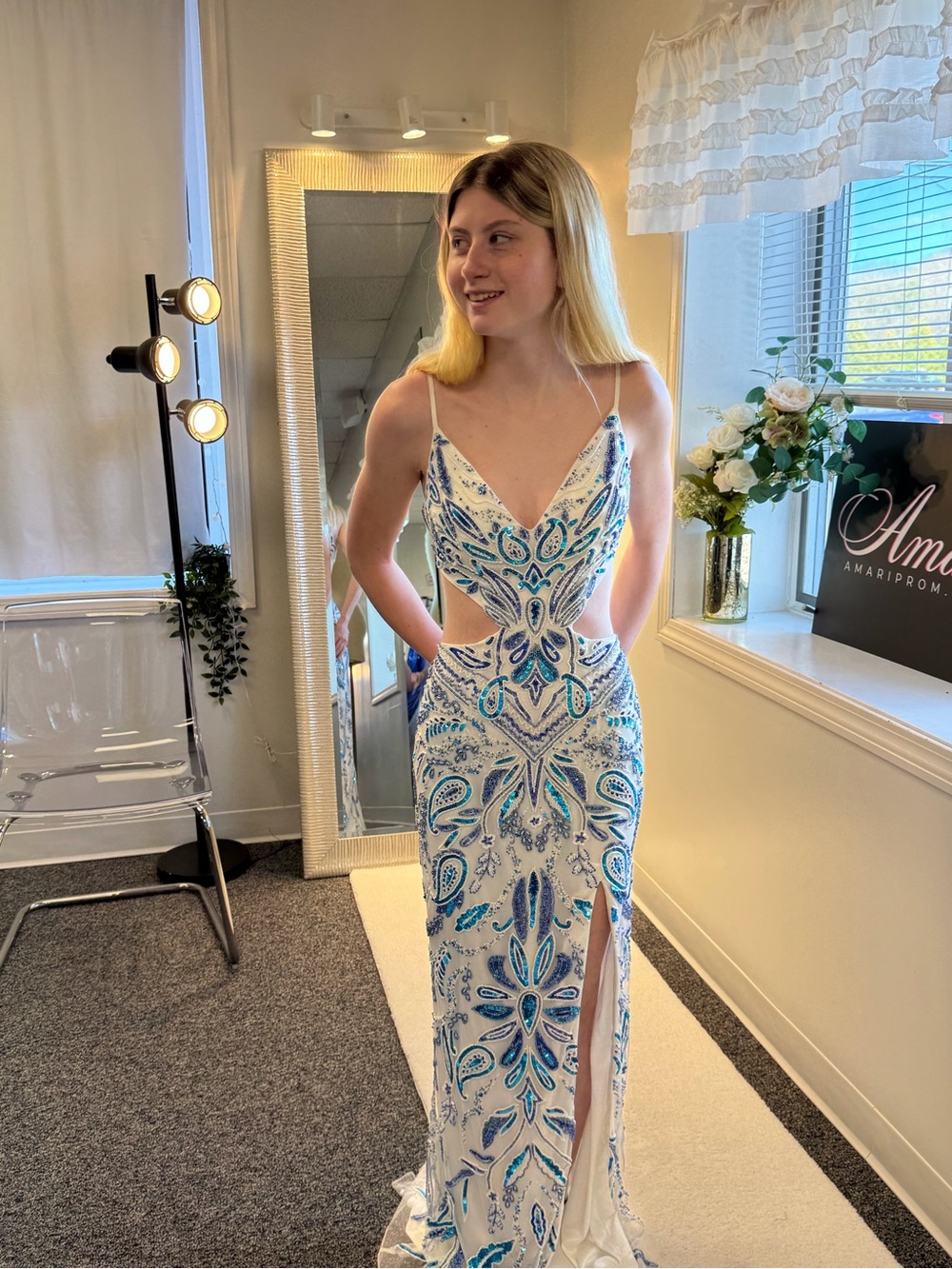 Primavera Couture White and Blue Beaded Cutout Prom Gown